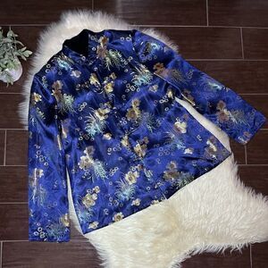 Reversible navy gold tapestry/navy velvet Chinese shacket/jacket sz XL